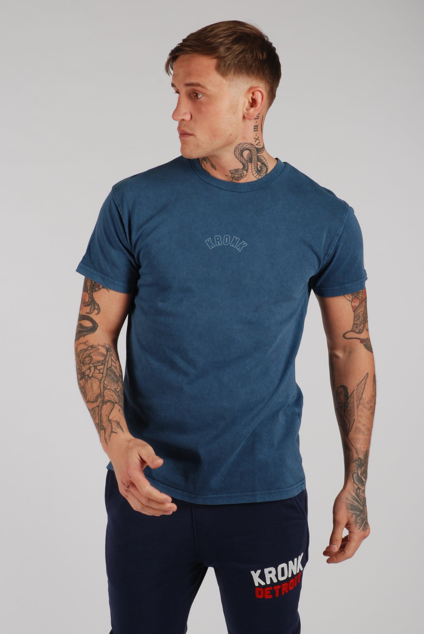 KRONK Sacrifice Loose Fit Vintage Wash T Shirt Denim Blue