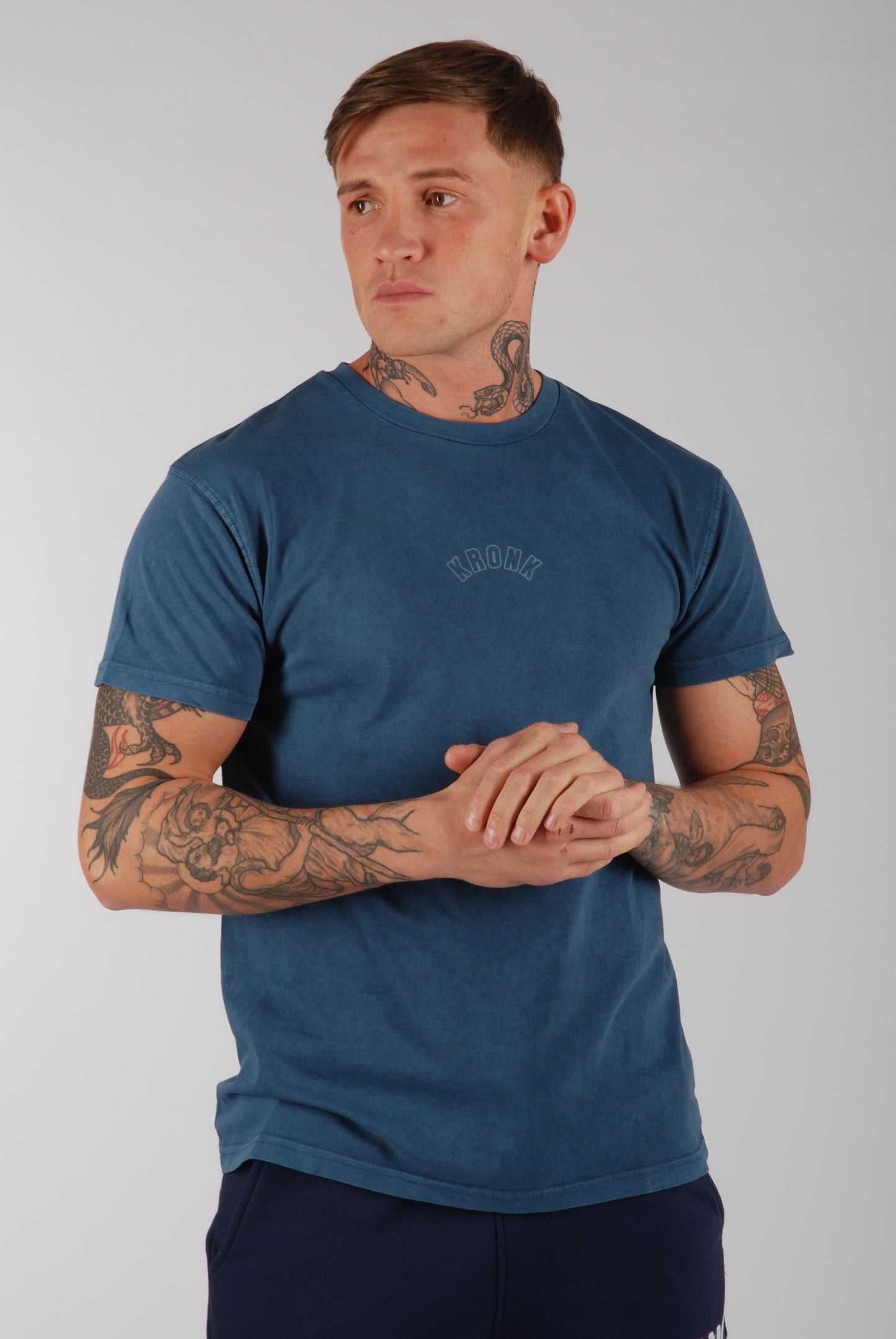 KRONK Sacrifice Loose Fit Vintage Wash T Shirt Denim Blue