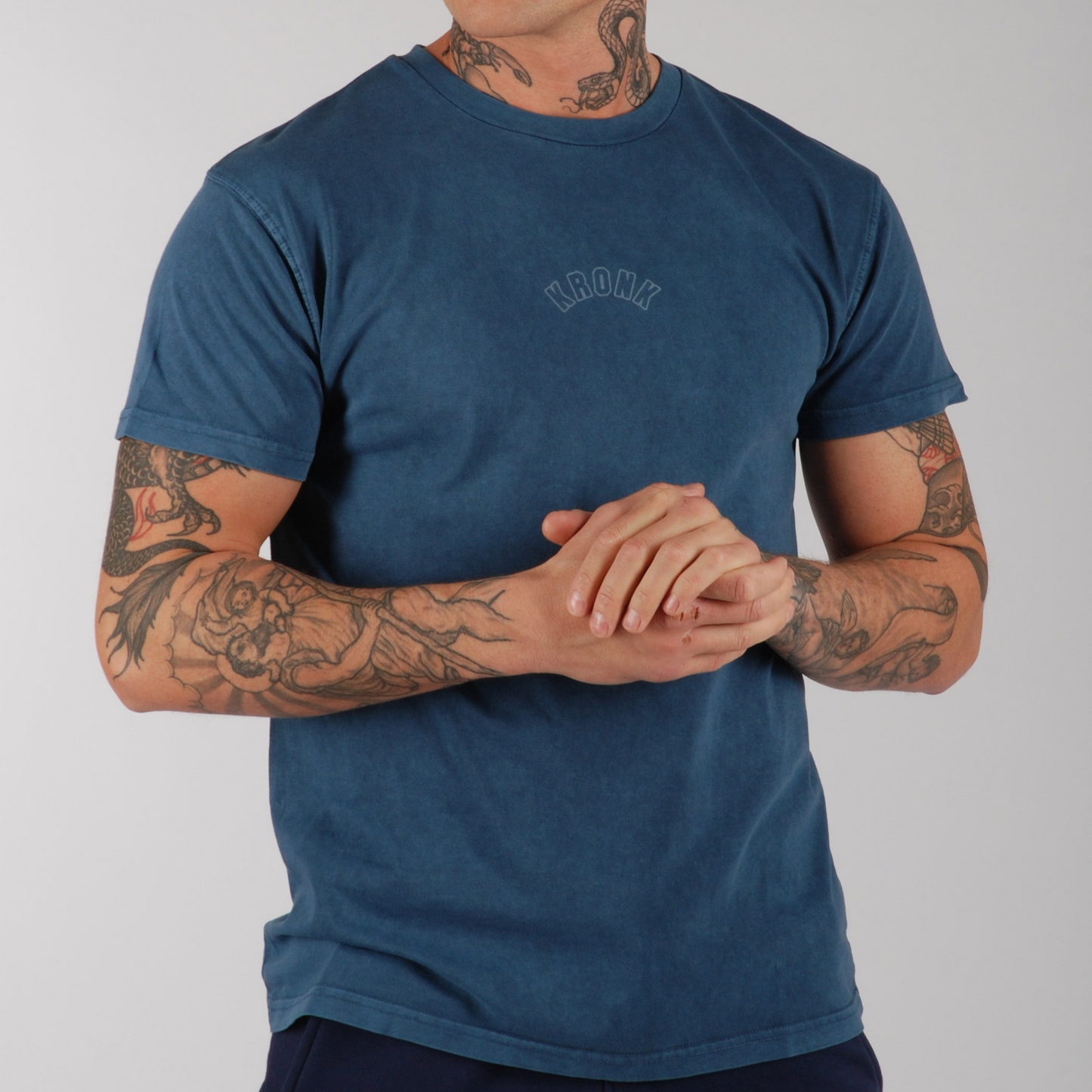 KRONK Sacrifice Loose Fit Vintage Wash T Shirt Denim Blue