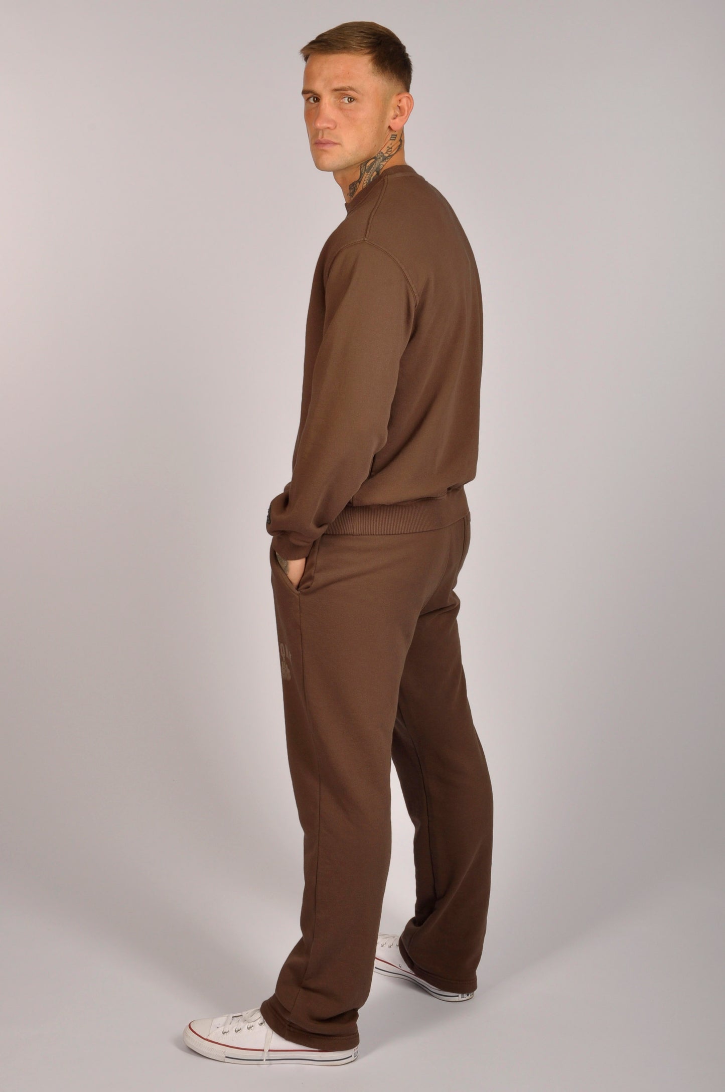 KRONK One Colour Gloves Raw Edge Applique Vintage Wash Sweatshirt Dark Brown