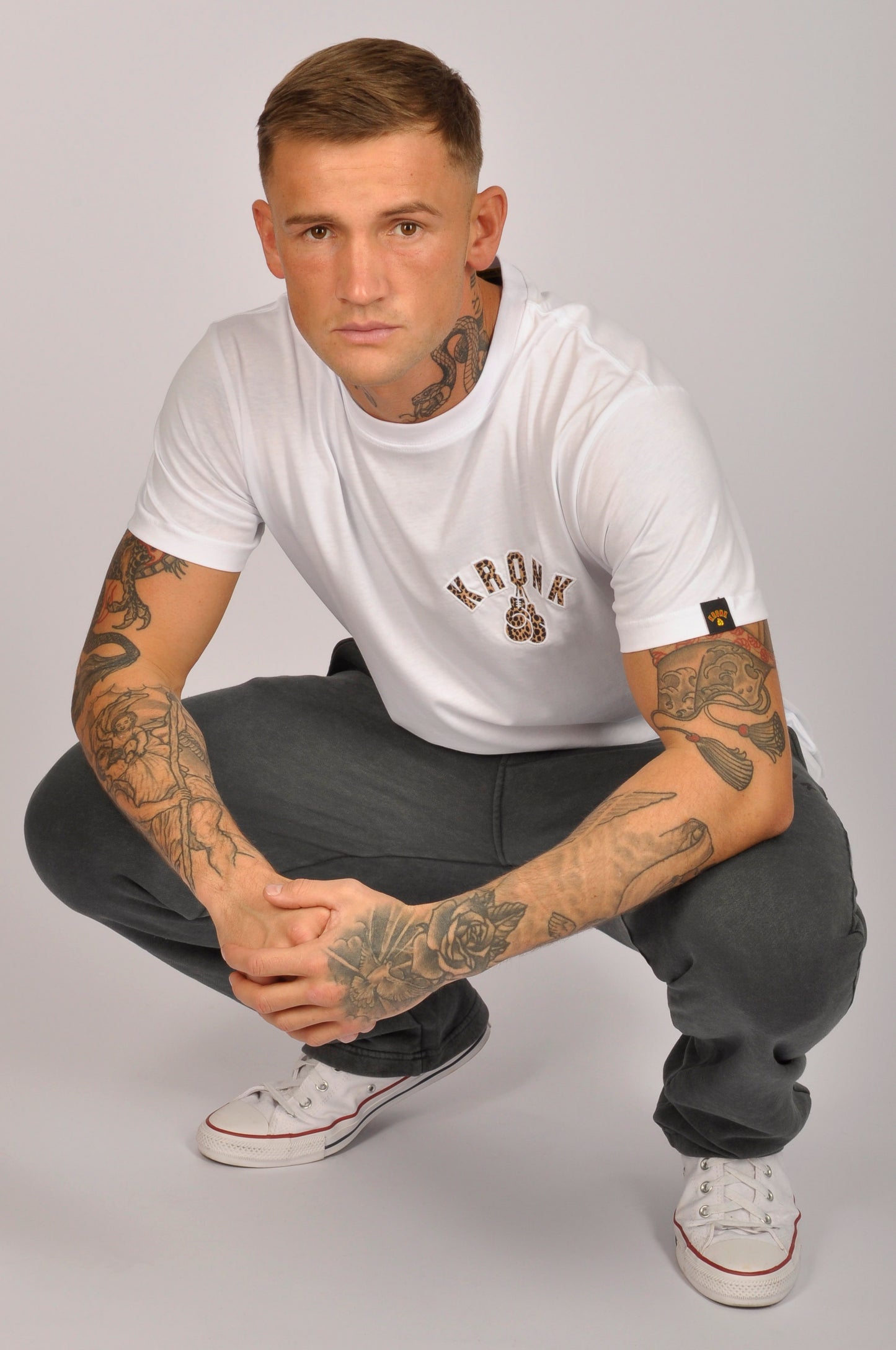 KRONK Leopard Gloves Slim Fit Cotton T Shirt White