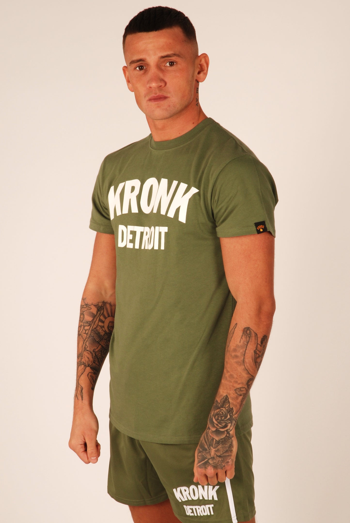 KRONK Detroit T Shirt Military Green with White print
