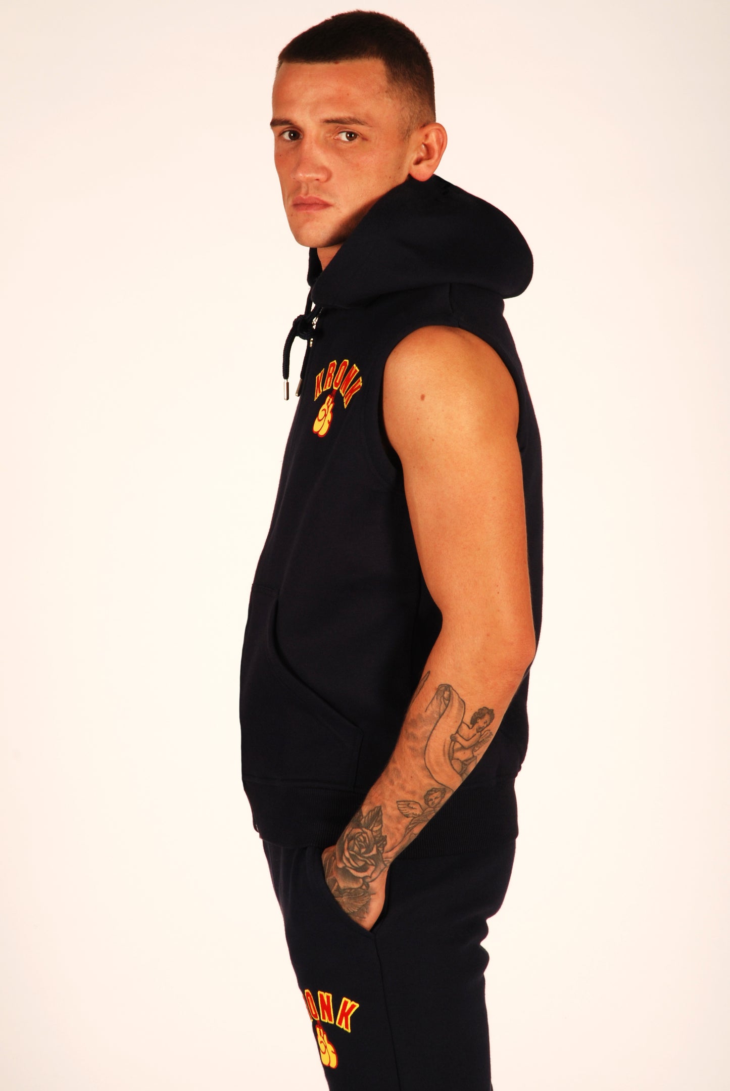 KRONK Gloves Applique Zip through Sleeveless Hoodie Navy