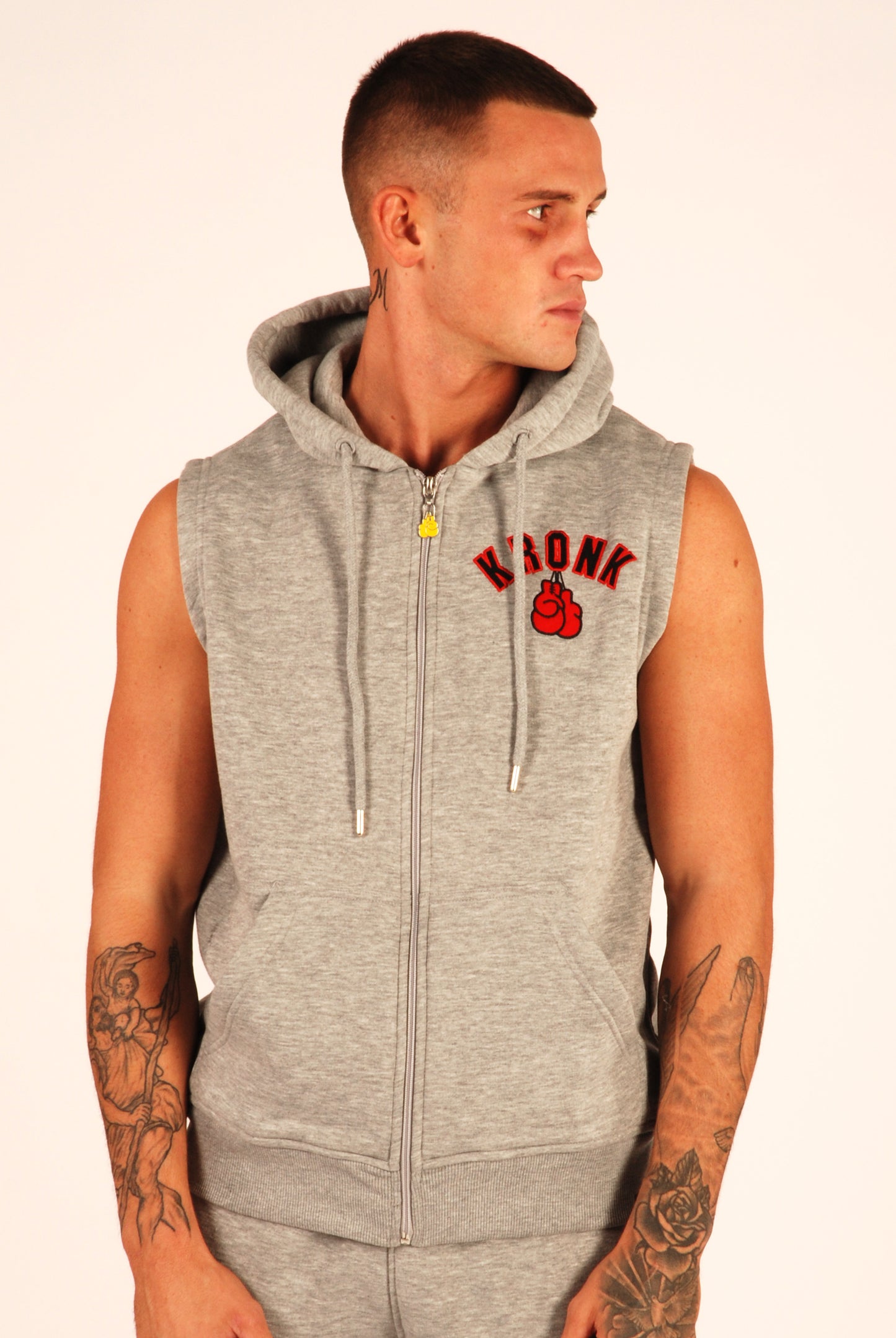 KRONK Gloves Applique Zip through Sleeveless Hoodie Sports Grey