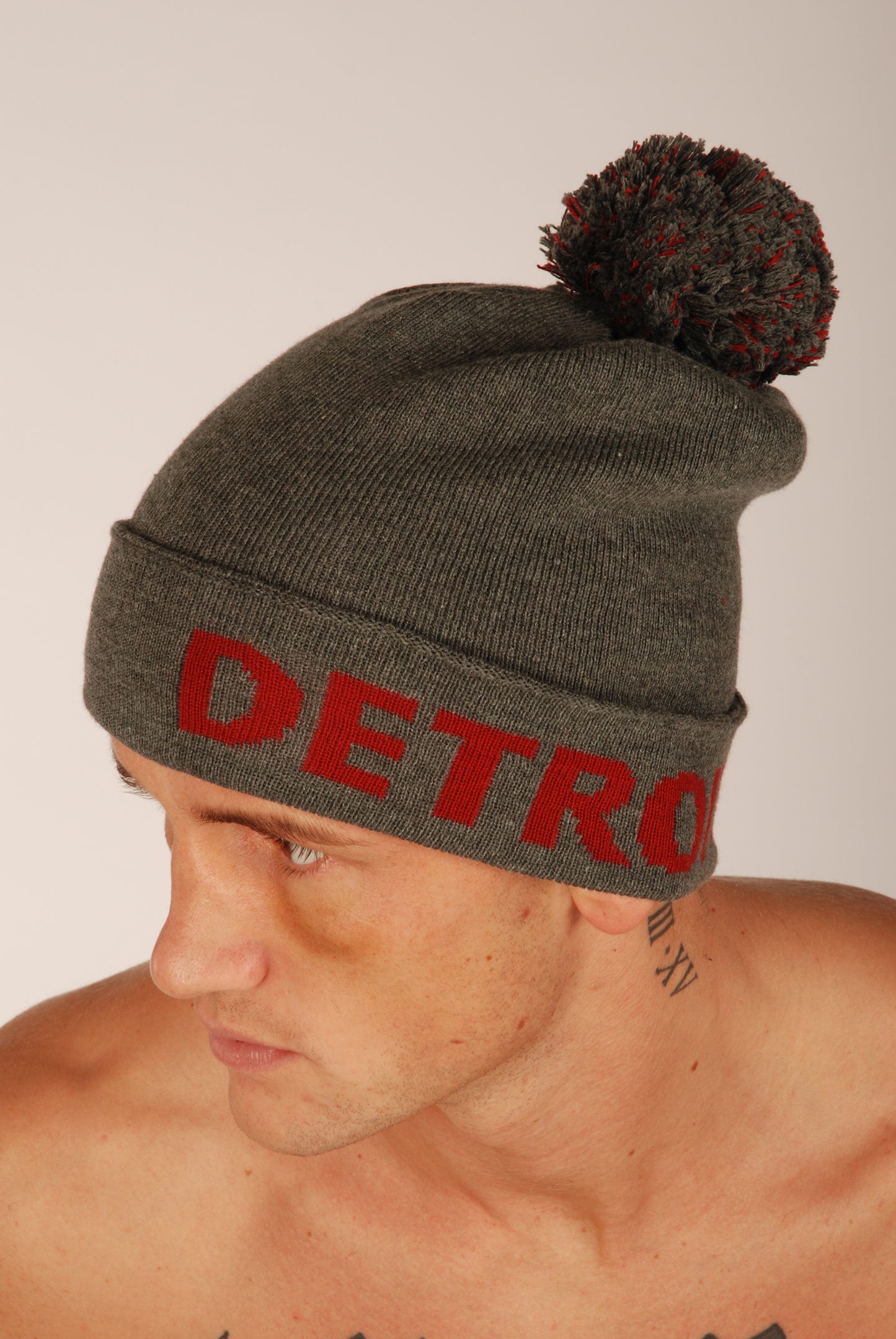 KRONK Detroit Bobble Hat Charcoal with Dark Red knitted logo