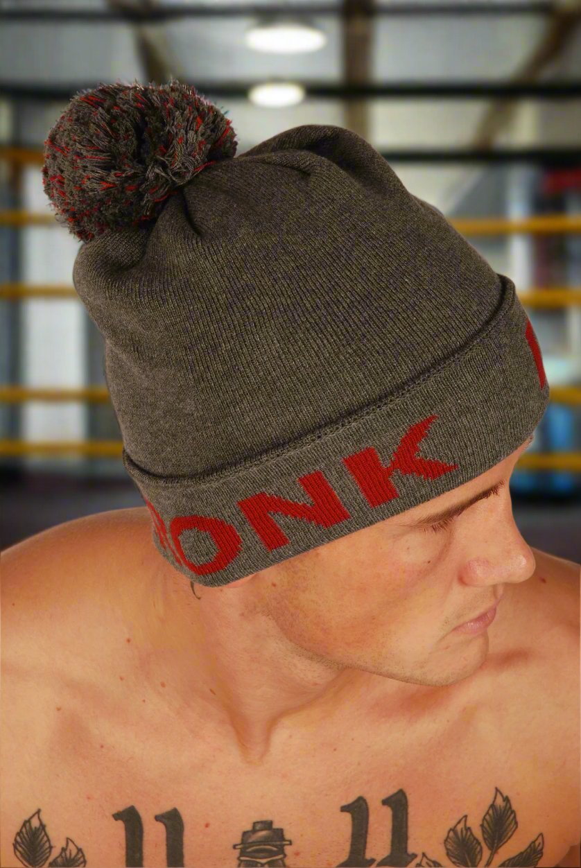 KRONK Detroit Bobble Hat Charcoal with Dark Red knitted logo