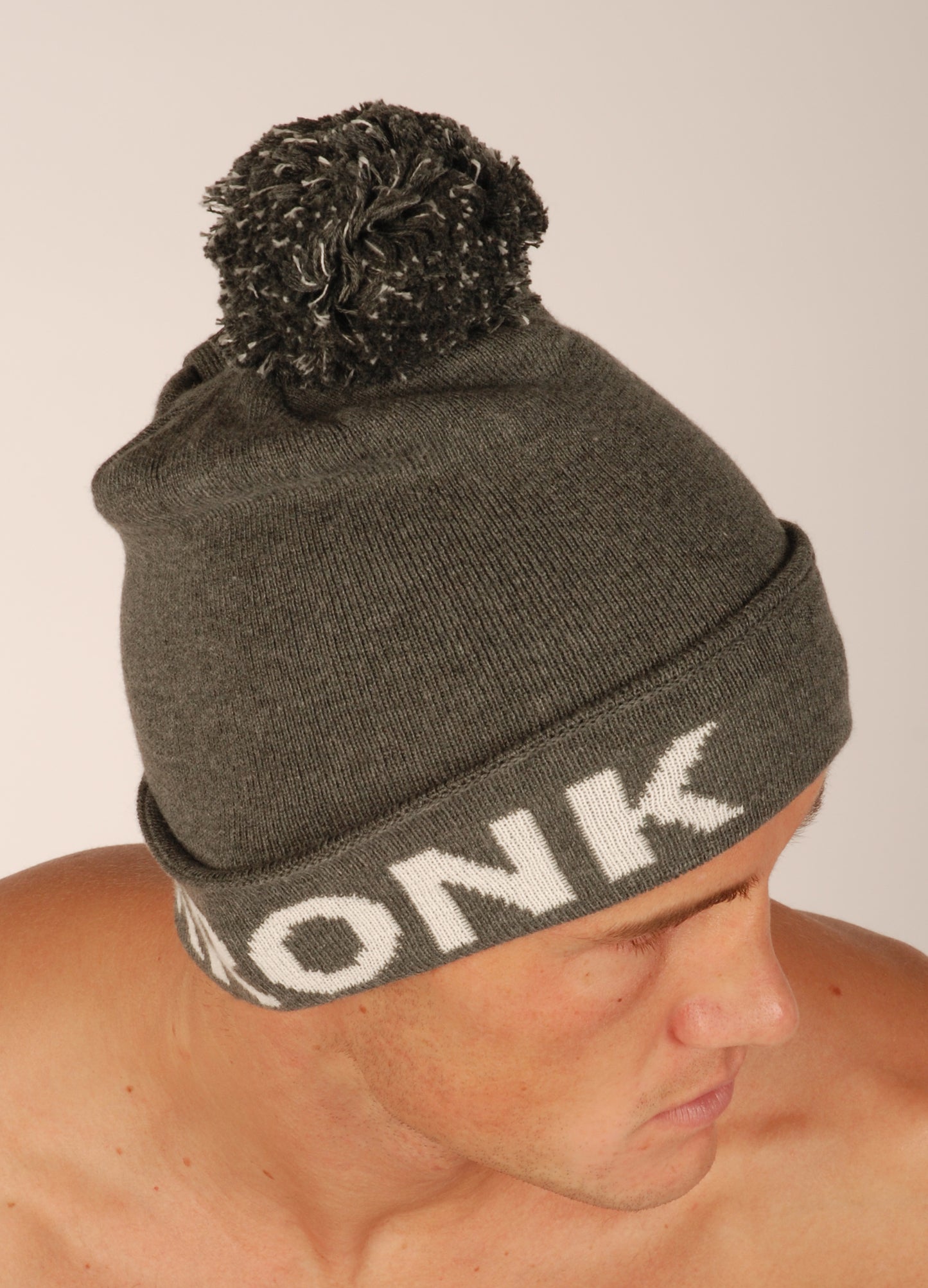 KRONK Detroit Bobble Hat Charcoal with White knitted logo