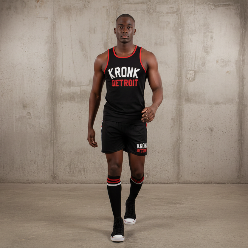 KRONK Iconic Detroit Applique Training Gym Vest Black with red & white logo