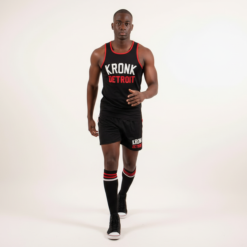 KRONK Iconic Detroit Applique Training Gym Vest Black with red & white logo