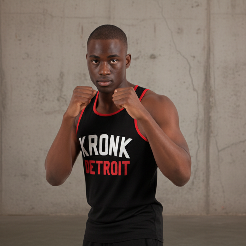 KRONK Iconic Detroit Applique Training Gym Vest Black with red & white logo