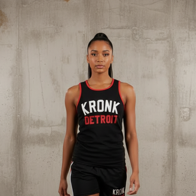 KRONKWOMEN Iconic Detroit Applique Training Gym Vest Black with red & white logo