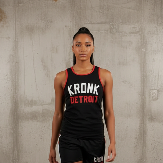 KRONKWOMEN Iconic Detroit Applique Training Gym Vest Black with red & white logo