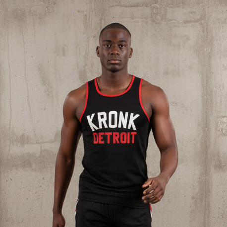 KRONK Iconic Detroit Applique Training Gym Vest Black with red & white logo
