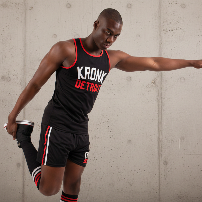 KRONK Iconic Detroit Applique Training Gym Vest Black with red & white logo