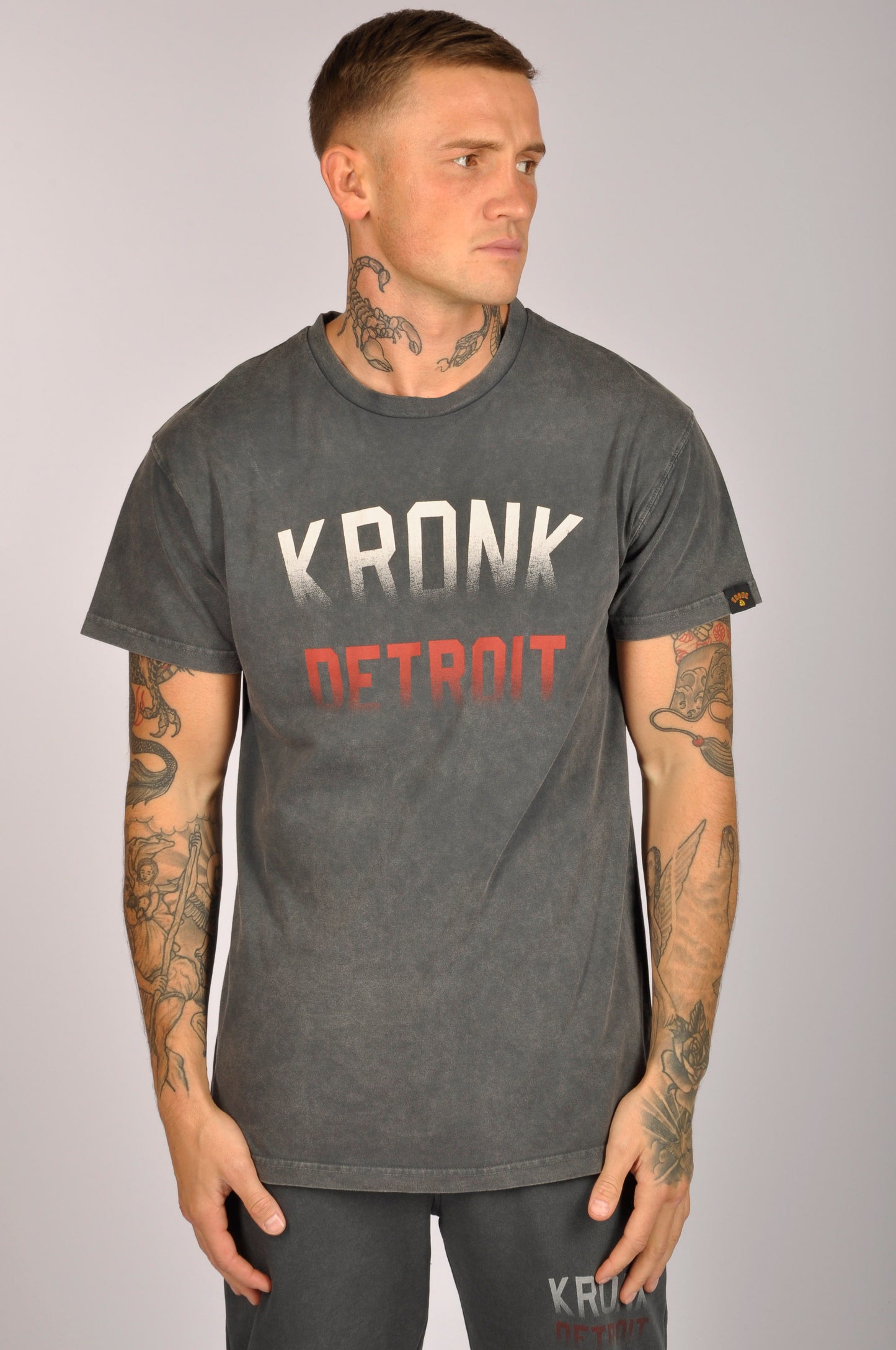 KRONK Faded Iconic Detroit Loose Fit Vintage Wash T Shirt Charcoal with Red & White print