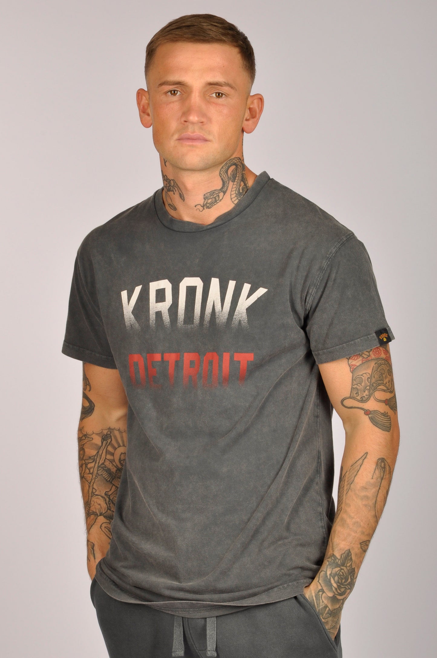 KRONK Faded Iconic Detroit Loose Fit Vintage Wash T Shirt Charcoal with Red & White print