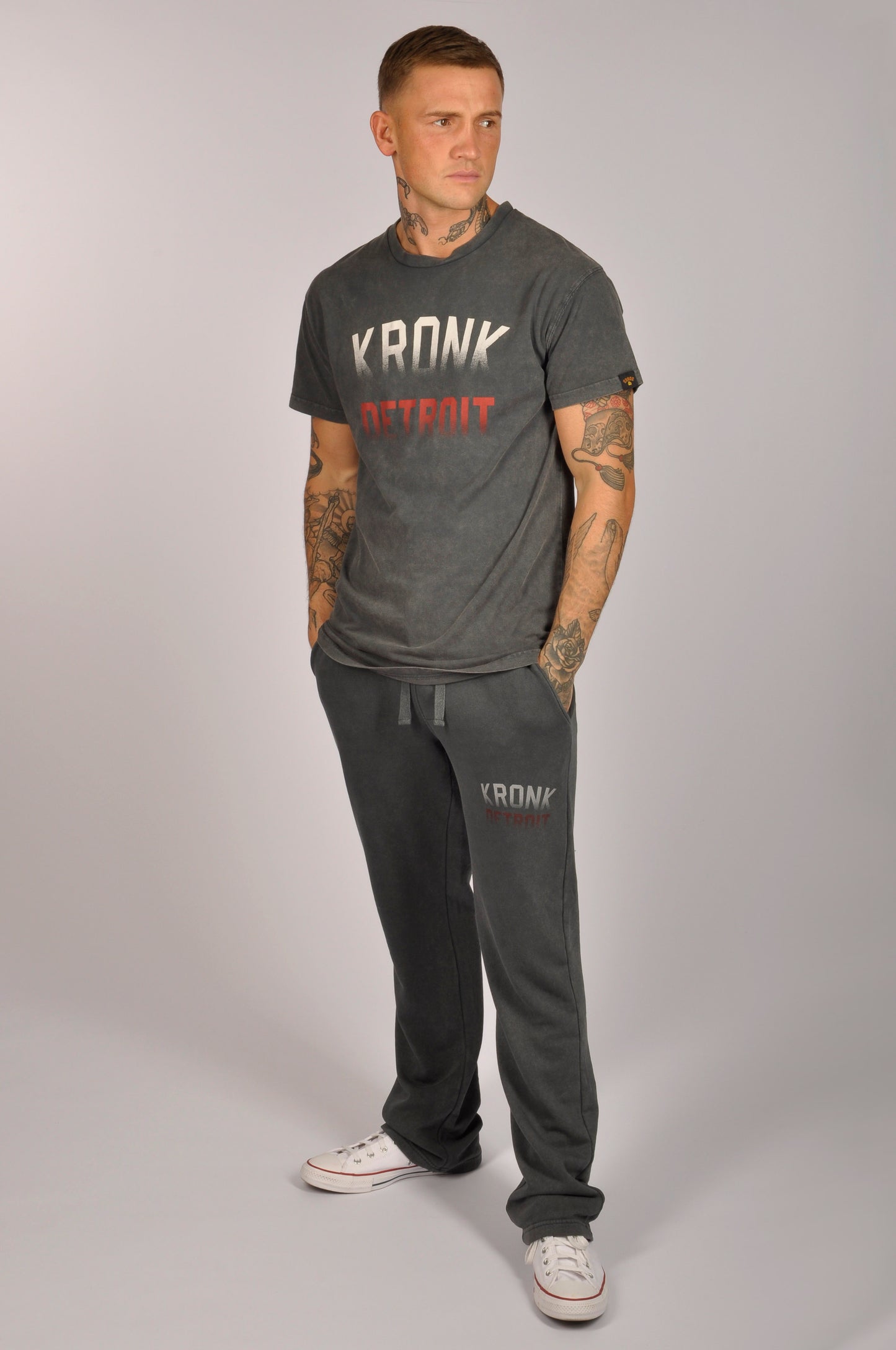 KRONK Faded Iconic Detroit Loose Fit Vintage Wash T Shirt Charcoal with Red & White print