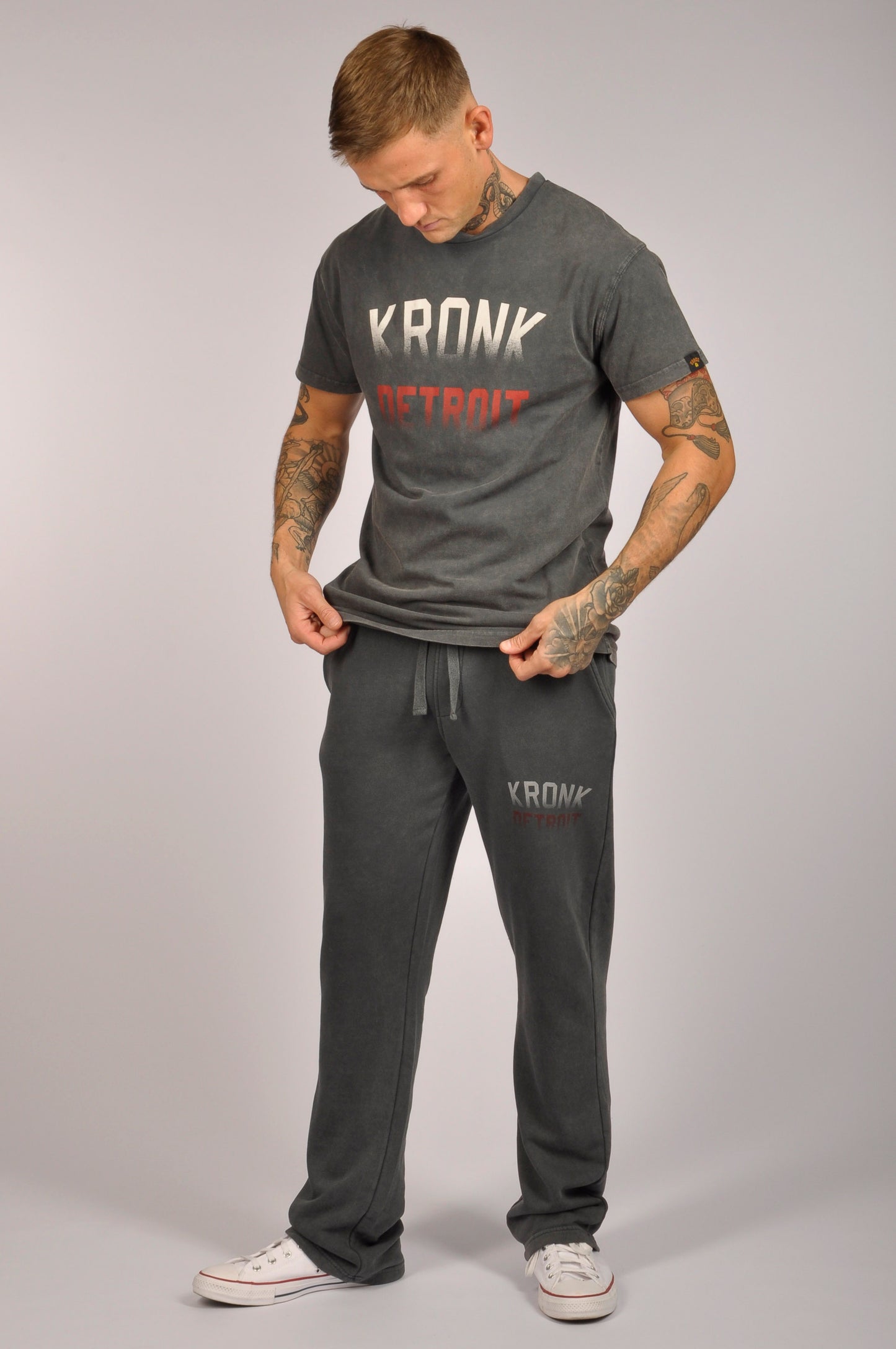 KRONK Faded Iconic Detroit Loose Fit Vintage Wash T Shirt Charcoal with Red & White print