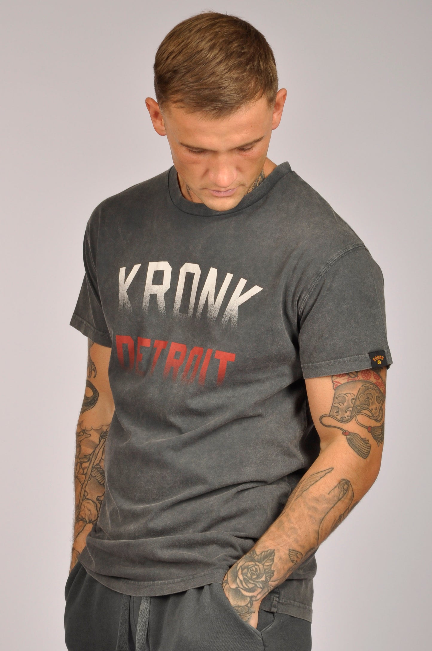 KRONK Faded Iconic Detroit Loose Fit Vintage Wash T Shirt Charcoal with Red & White print