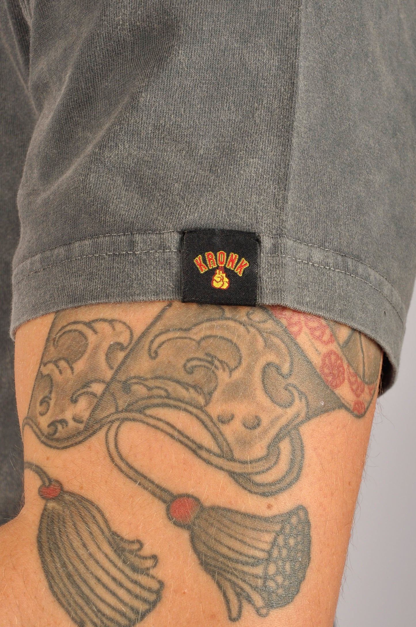 KRONK Faded Iconic Detroit Loose Fit Vintage Wash T Shirt Charcoal with Red & White print