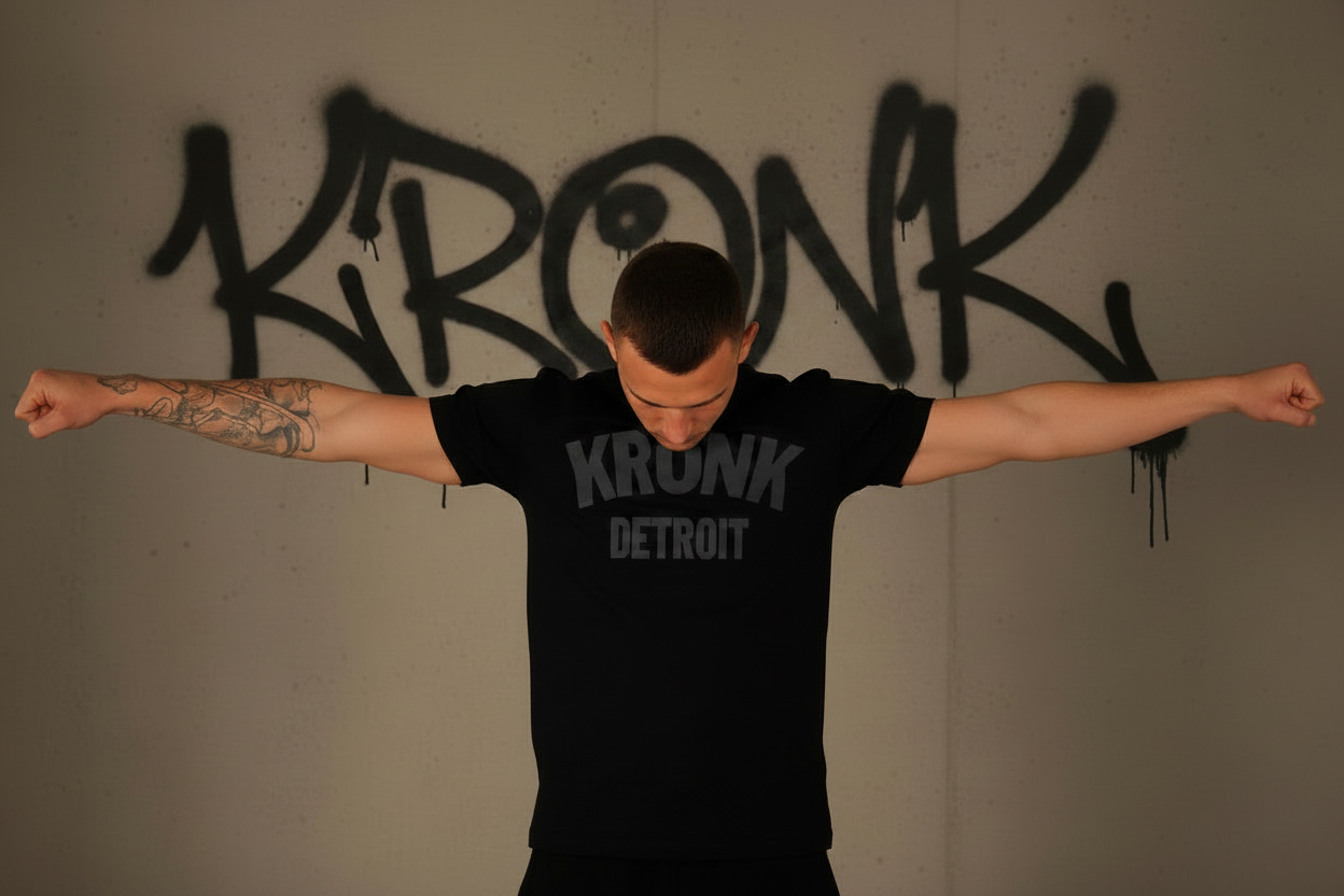 KRONK Detroit Regular Fit T Shirt Black with Charcoal logo