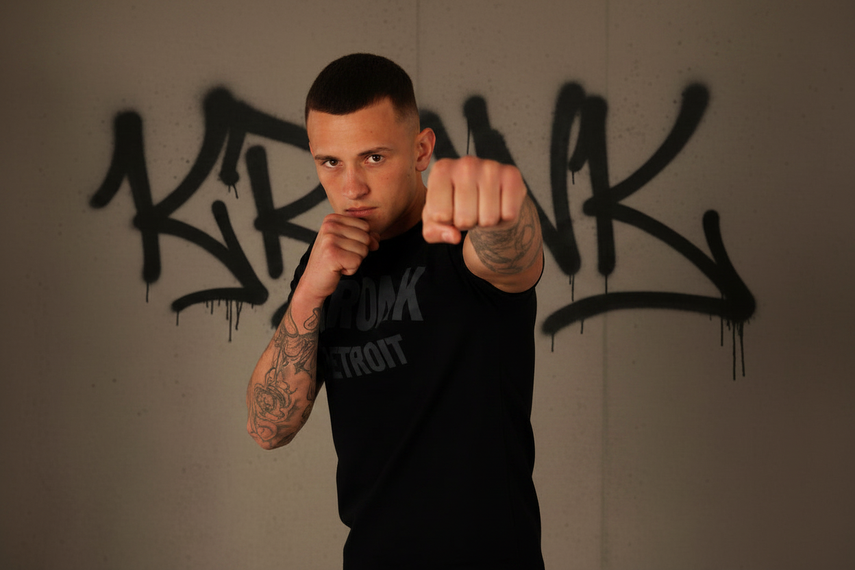 KRONK Detroit Regular Fit T Shirt Black with Charcoal logo