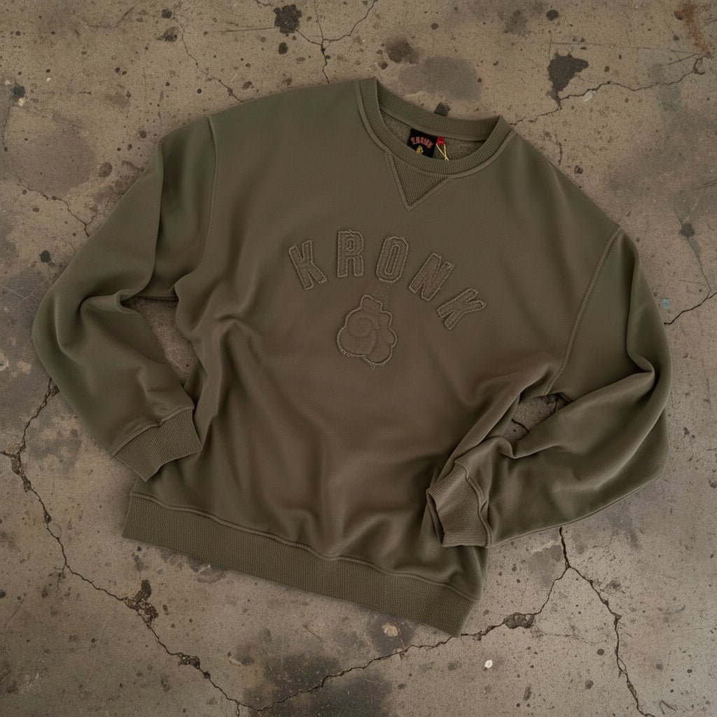 KRONK One Colour Gloves Raw Edge Applique Vintage Wash Sweatshirt Khaki