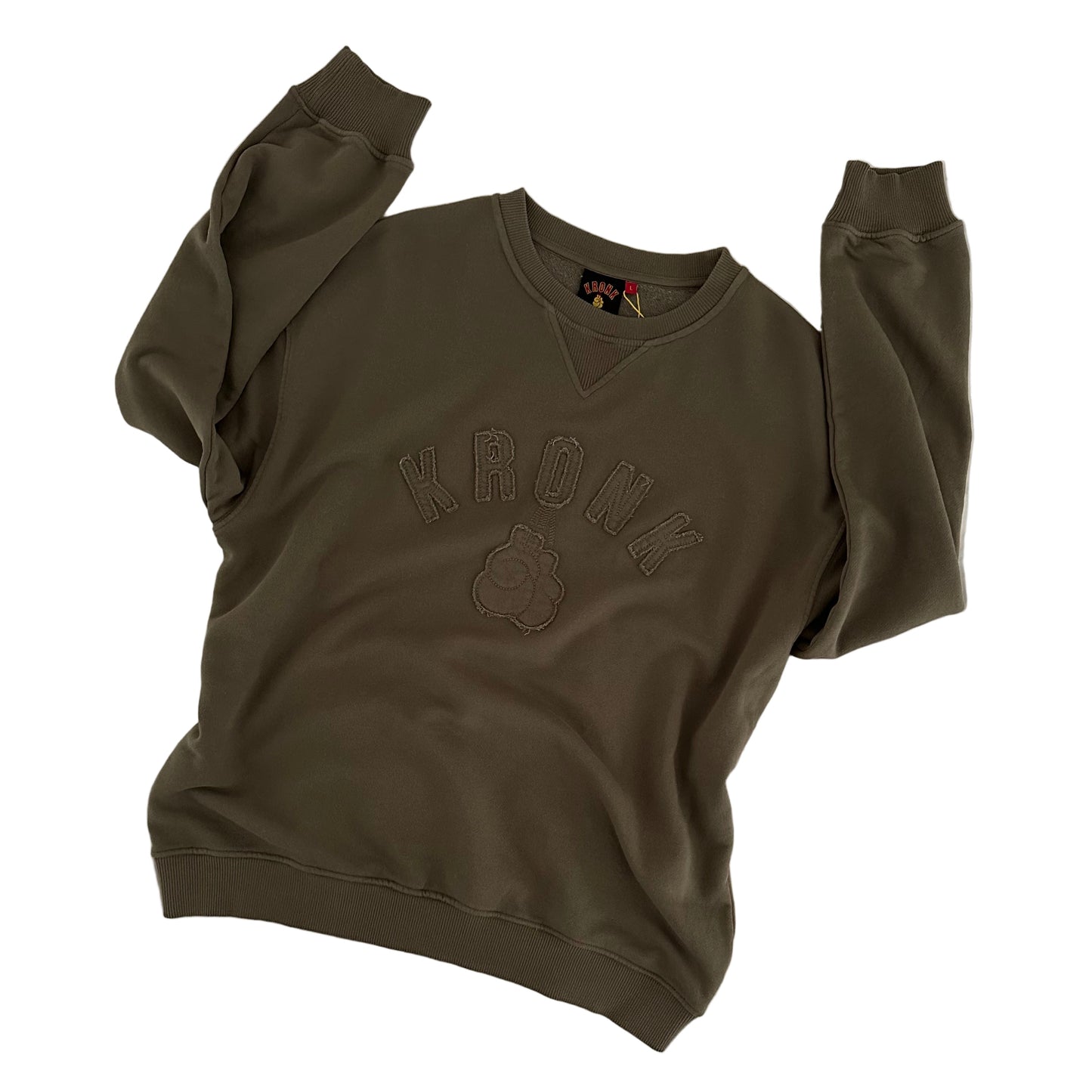 KRONK One Colour Gloves Raw Edge Applique Vintage Wash Sweatshirt Khaki