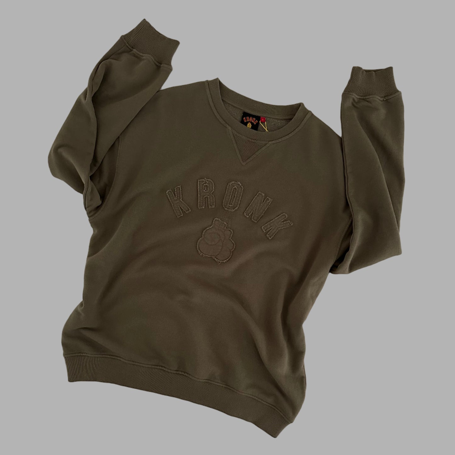 KRONK One Colour Gloves Raw Edge Applique Vintage Wash Sweatshirt Khaki