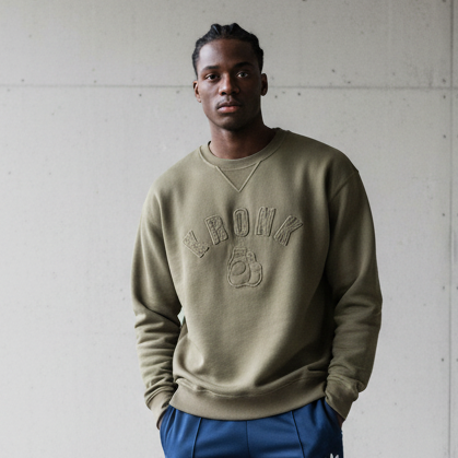 KRONK One Colour Gloves Raw Edge Applique Vintage Wash Sweatshirt Khaki