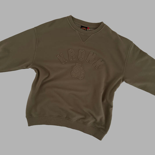 KRONK One Colour Gloves Raw Edge Applique Vintage Wash Sweatshirt Khaki