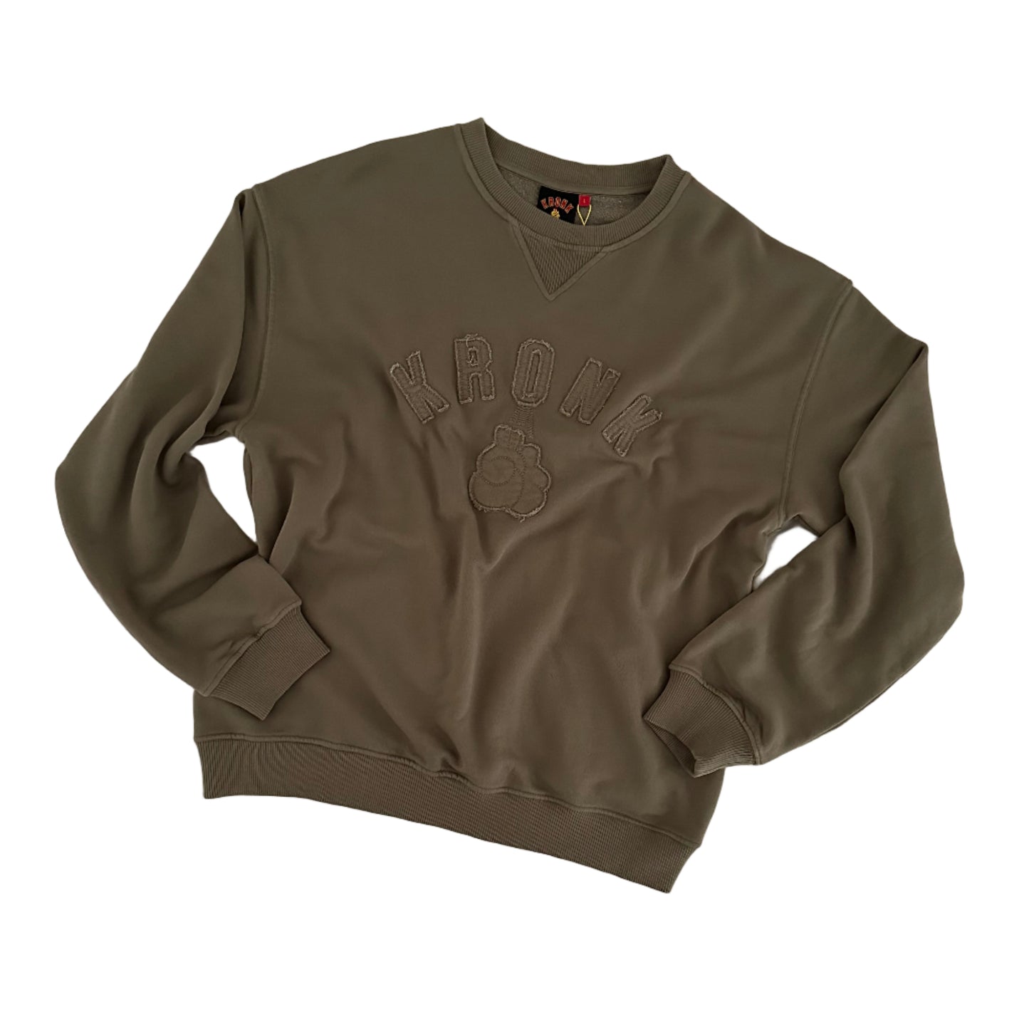 KRONK One Colour Gloves Raw Edge Applique Vintage Wash Sweatshirt Khaki