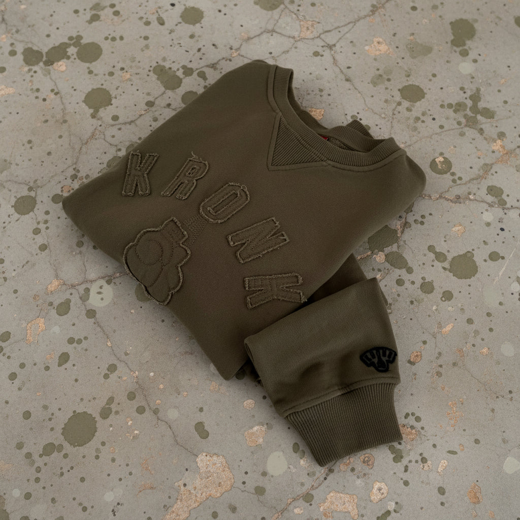 KRONK One Colour Gloves Raw Edge Applique Vintage Wash Sweatshirt Khaki