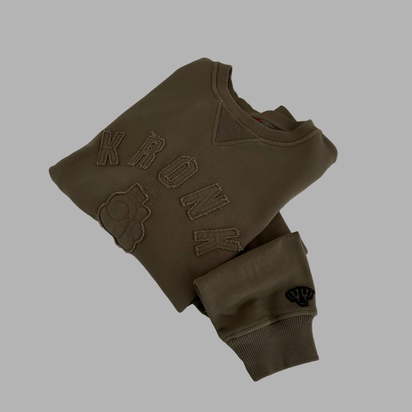 KRONK One Colour Gloves Raw Edge Applique Vintage Wash Sweatshirt Khaki