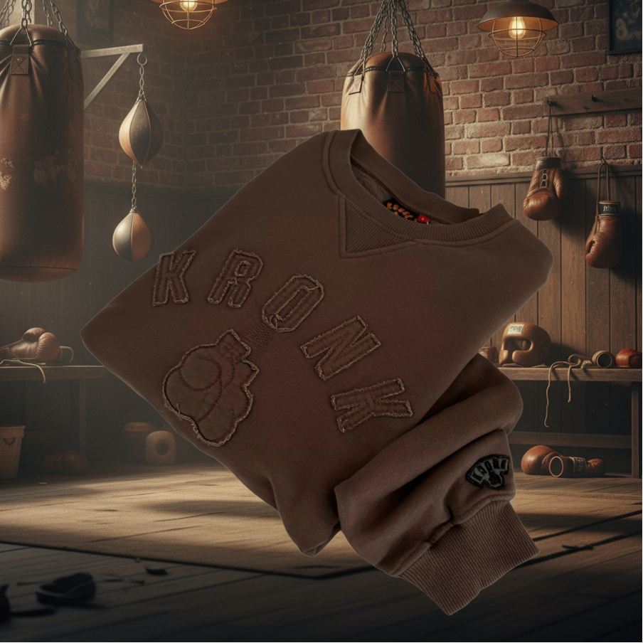KRONK One Colour Gloves Raw Edge Applique Vintage Wash Sweatshirt Dark Brown