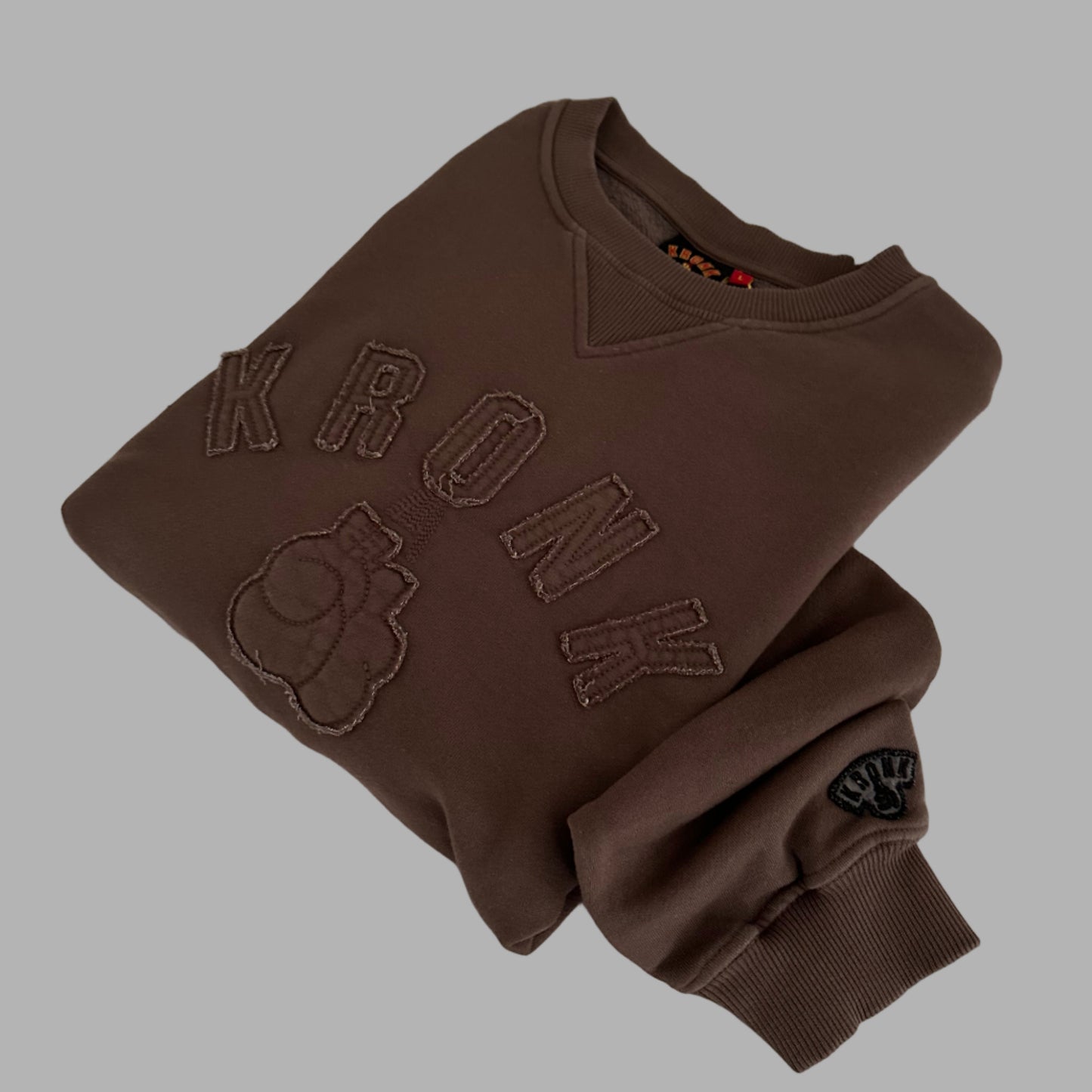 KRONK One Colour Gloves Raw Edge Applique Vintage Wash Sweatshirt Dark Brown