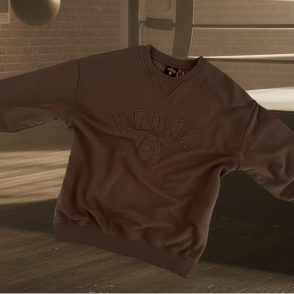 KRONK One Colour Gloves Raw Edge Applique Vintage Wash Sweatshirt Dark Brown