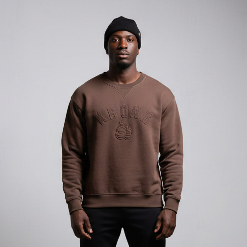 KRONK One Colour Gloves Raw Edge Applique Vintage Wash Sweatshirt Dark Brown