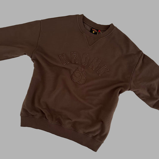 KRONK One Colour Gloves Raw Edge Applique Vintage Wash Sweatshirt Dark Brown