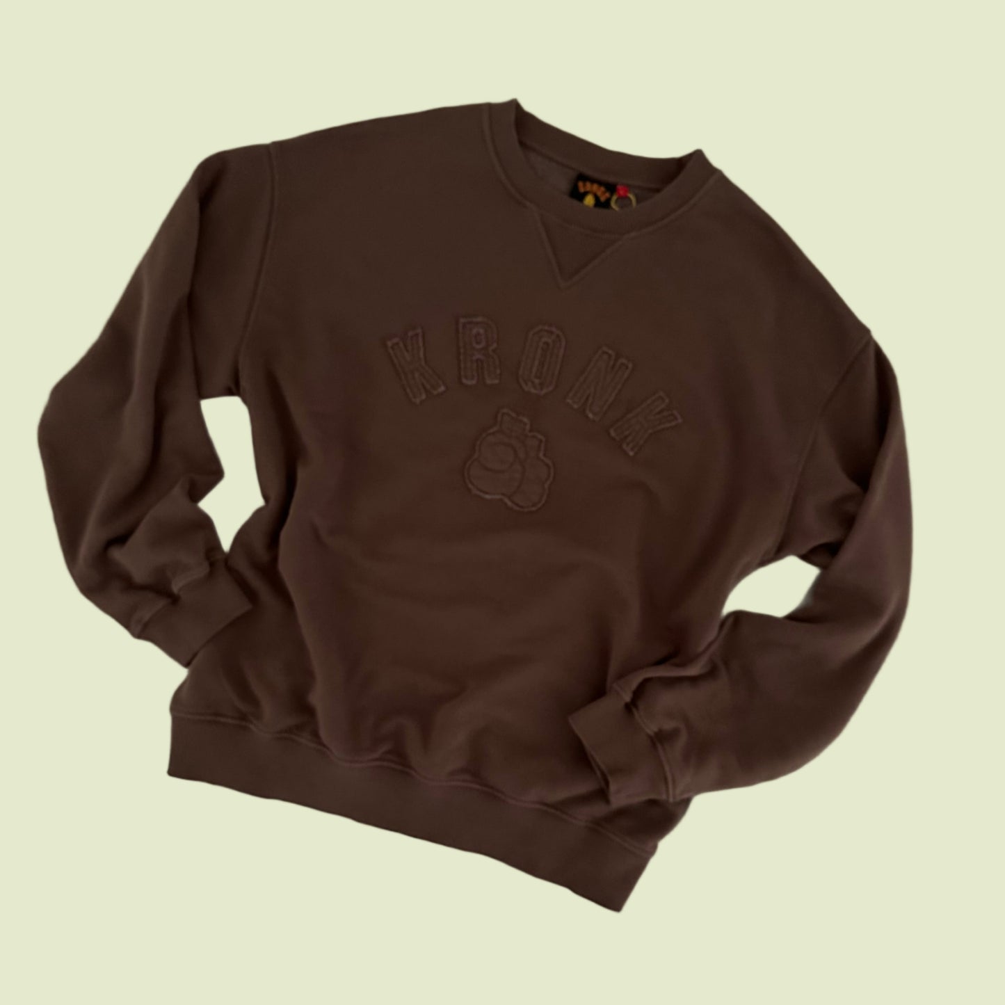 KRONK One Colour Gloves Raw Edge Applique Vintage Wash Sweatshirt Dark Brown