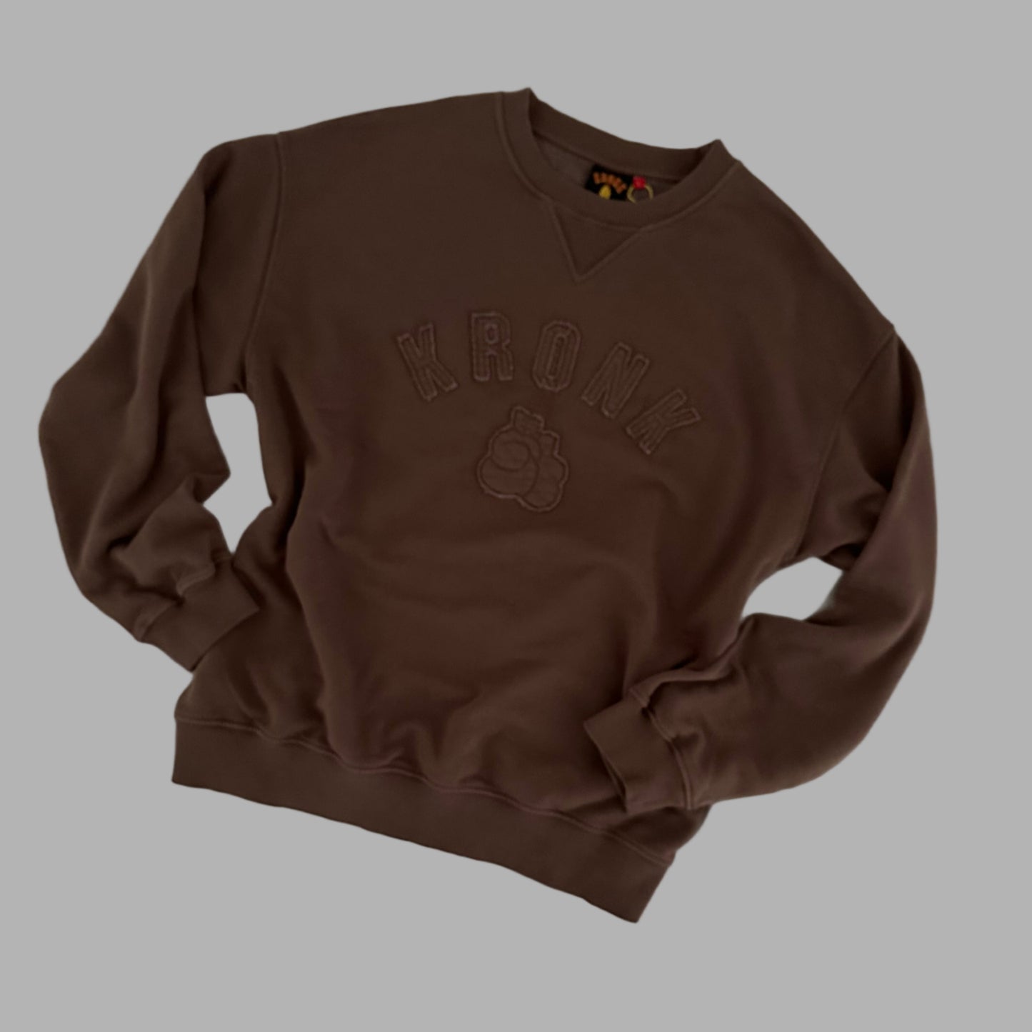 KRONK One Colour Gloves Raw Edge Applique Vintage Wash Sweatshirt Dark Brown