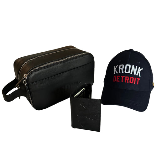 KRONK CHRISTMAS BUNDLE - Washbag/ Iconic Detroit Navy Felt Cap/ Trifold Wallet