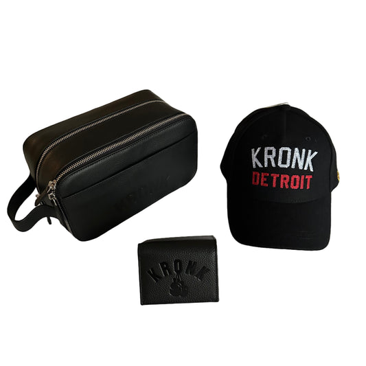 KRONK CHRISTMAS BUNDLE - Washbag / Iconic Detroit Black Felt Cap/ Trifold Wallet