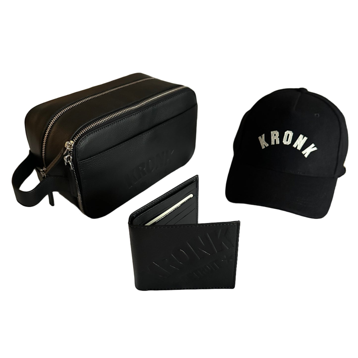 KRONK CHRISTMAS BUNDLE - Washbag / Collegiate Black Felt Cap/ Bi Fold Wallet