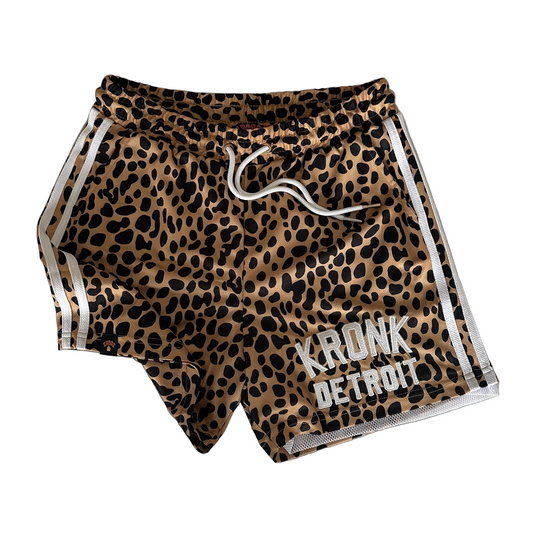 KRONK Iconic Detroit Applique Lined Gym Shorts Leopard Print White