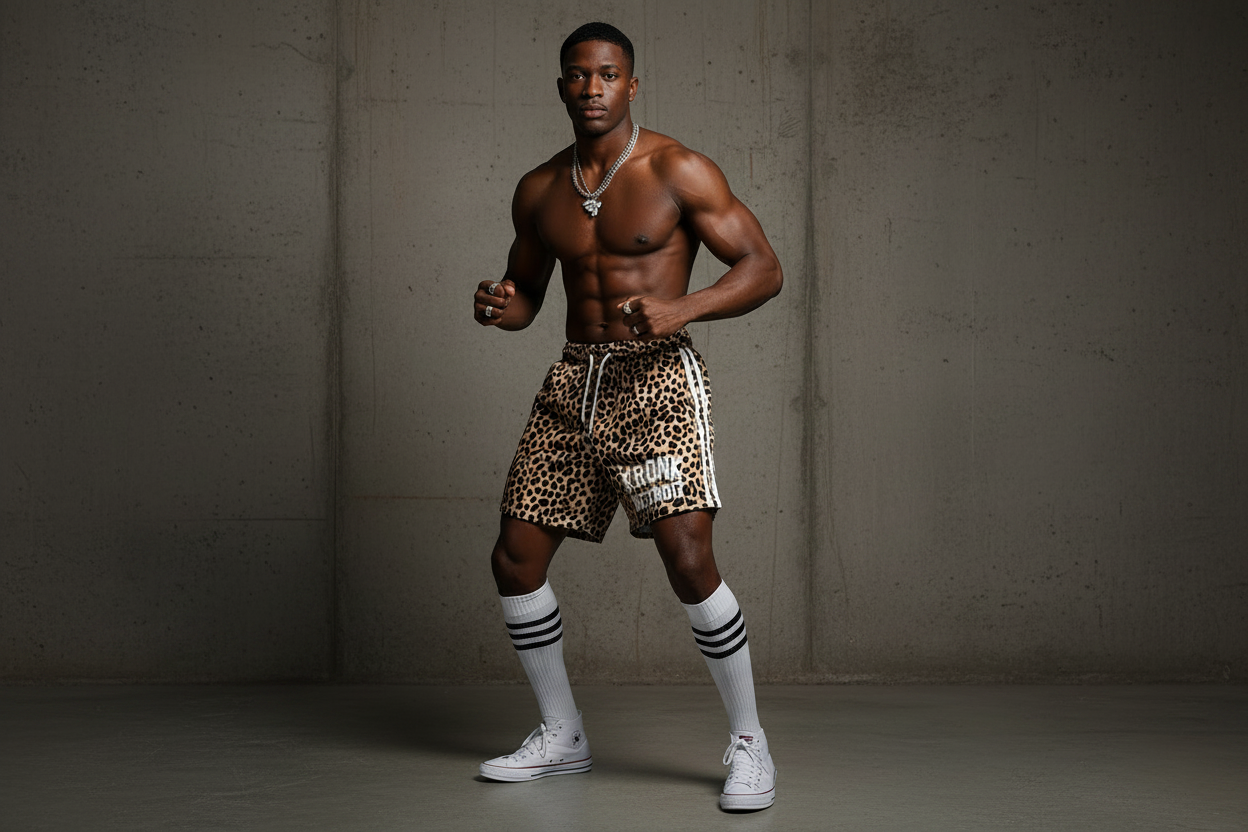 KRONK Iconic Detroit Applique Lined Gym Shorts Leopard Print White