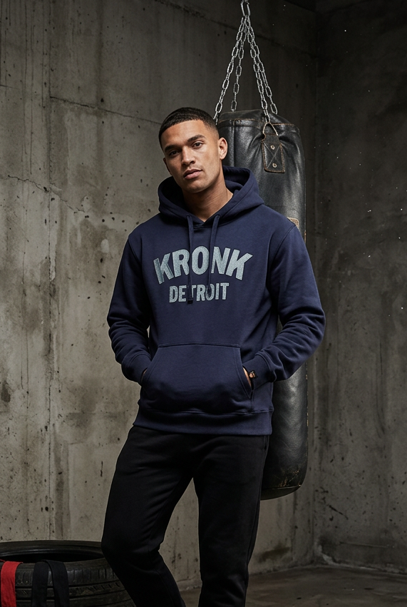 KRONK Detroit Chain Stitch Loose Fit Hoodie Navy/Sky