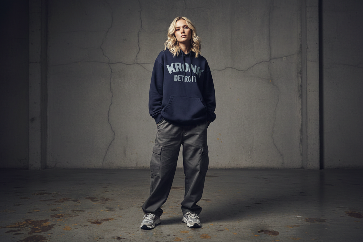 KRONK Detroit Chain Stitch Loose Fit Hoodie Navy/Sky