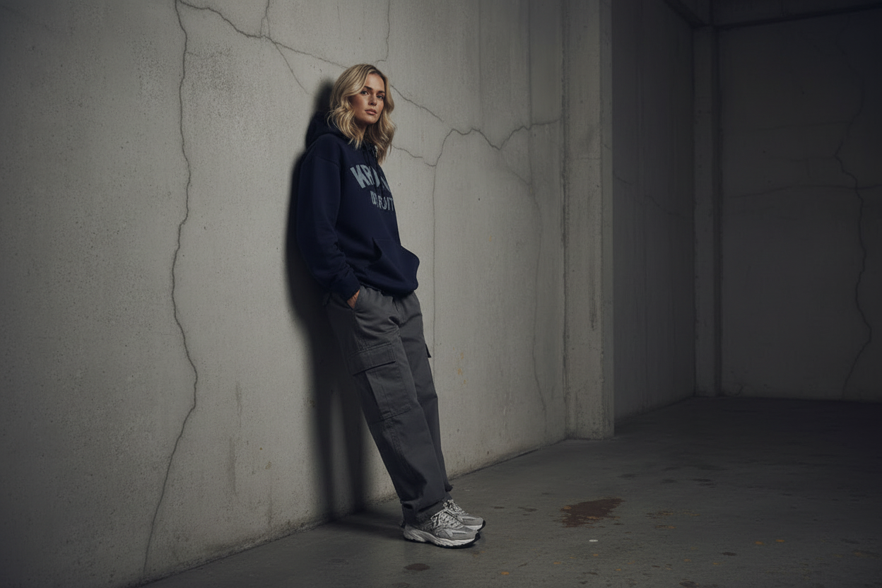 KRONK Detroit Chain Stitch Loose Fit Hoodie Navy/Sky