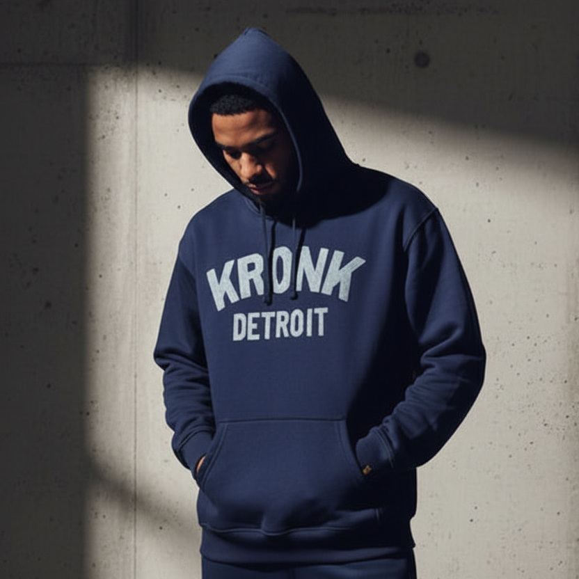 KRONK Detroit Chain Stitch Loose Fit Hoodie Navy/Sky